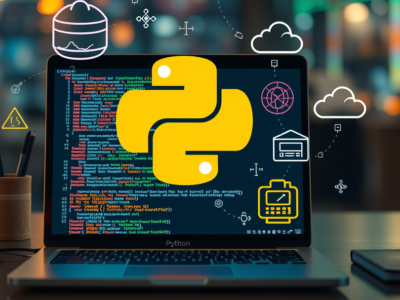 Python programming icon on front of notebook computer