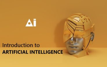 half person head with robot elements on yellow table with yellow background as an introduction graphic for artificial intelligence course