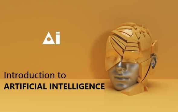 half person head with robot elements on yellow table with yellow background as an introduction graphic for artificial intelligence course