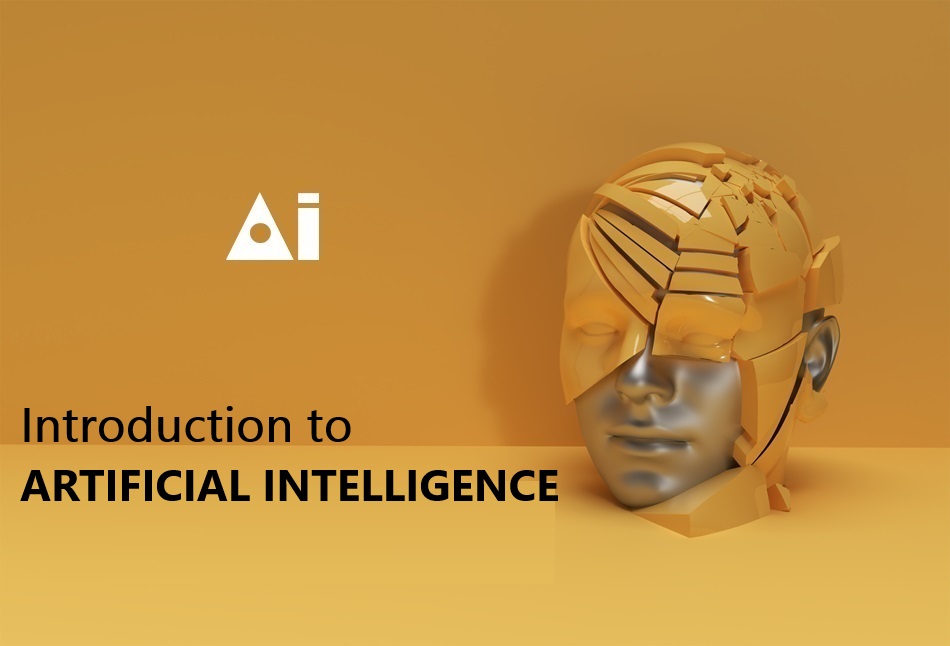 half person head with robot elements on yellow table with yellow background as an introduction graphic for artificial intelligence course